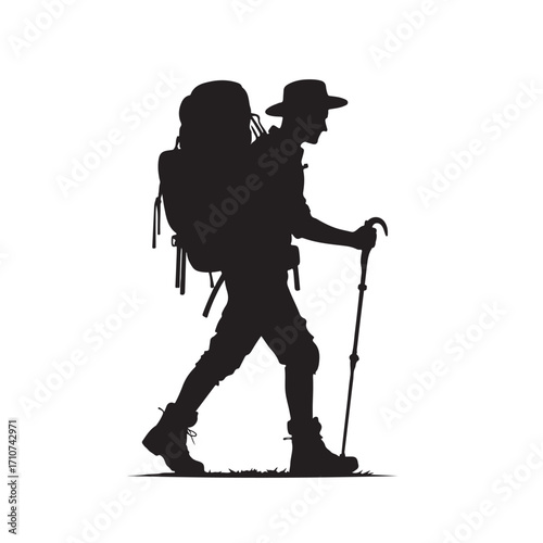 Hiker silhouette with backpack and walking stick