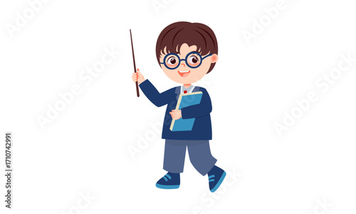 A cute cartoon schoolboy with glasses and a uniform, holding a book and a pointer stick.