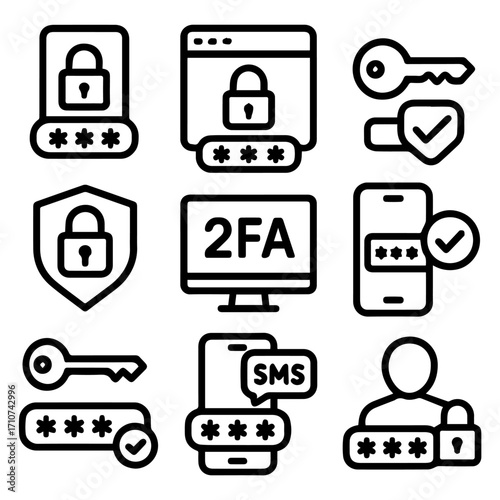 TwoFactor Authentication Icons Security Measures with Padlocks Keys and SMS Verification.