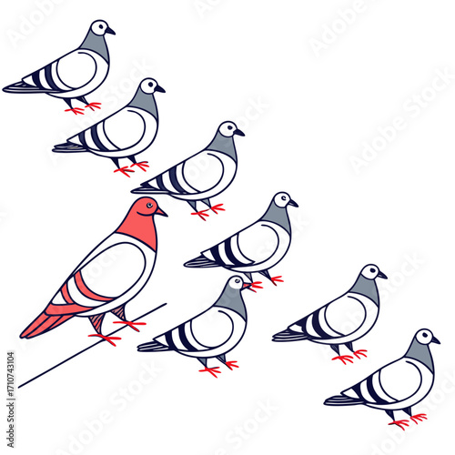 A flock of stylized pigeons with one distinct red pigeon standing out against a white background