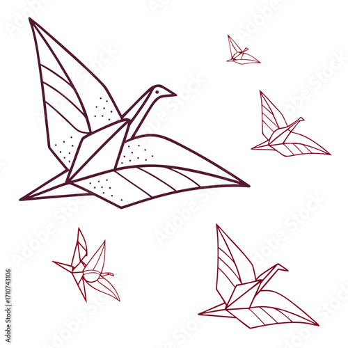A flock of stylized origami paper cranes in flight against a clean white background