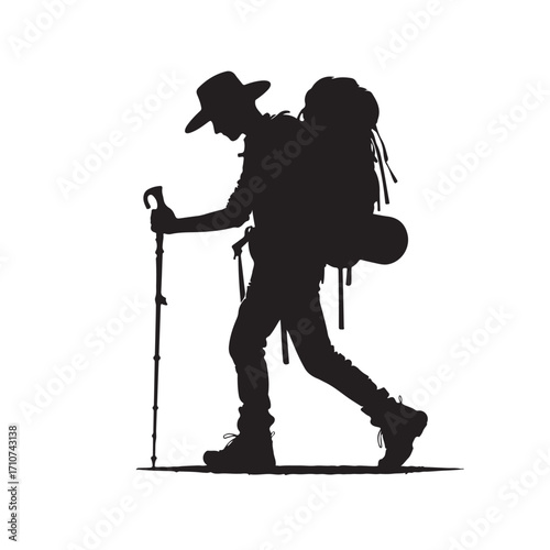 Hiker silhouette with backpack and walking stick