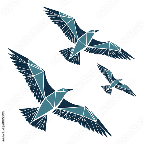 Geometric style illustration of three seagulls in flight against a white background with blue and teal colors