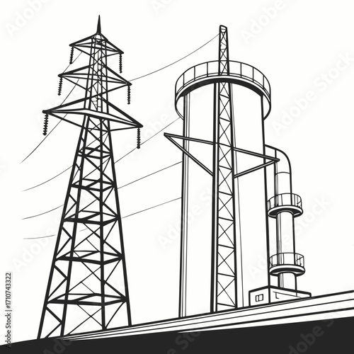 Industrial landscape featuring a tall electricity pylon and a cylindrical water tower against a white background