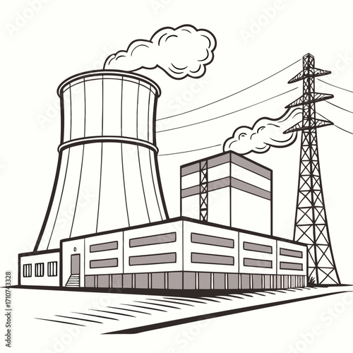 Industrial power plant with cooling tower and transmission tower emitting steam against a white background