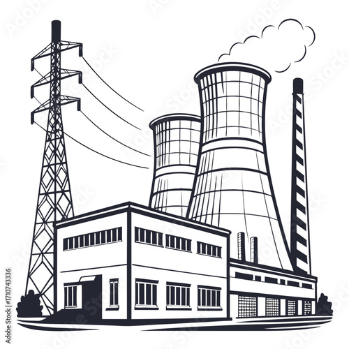 Industrial power plant with cooling towers and electricity pylon representing energy production and infrastructure