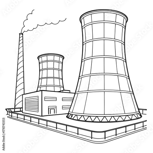 Industrial power plant with cooling towers and a smoking chimney depicted in a clean line art style