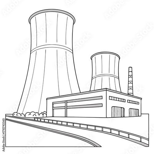 Industrial power plant with large cooling towers and a tall smokestack against a white background
