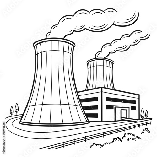 Industrial power plant with cooling towers emitting steam against a white background in a simple line art style