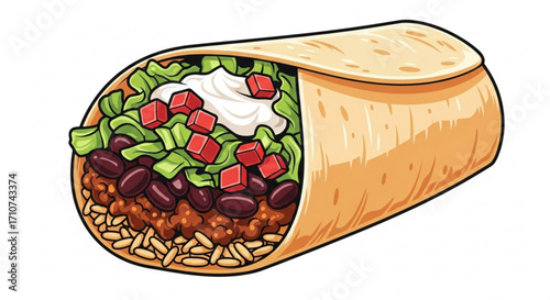 Delicious burrito with beef beans lettuce tomatoes and sour cream for mexican food lovers and foodies alike