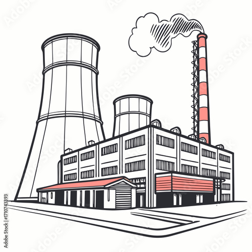 Industrial power plant with tall cooling towers and a smoking chimney emitting steam against a white background