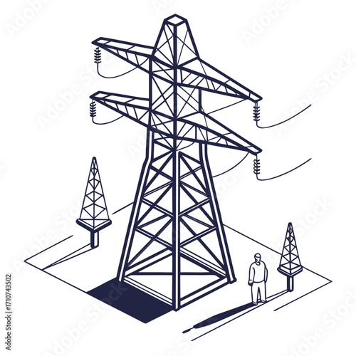 Isometric illustration of a tall metal electricity pylon with power lines and a small figure standing nearby