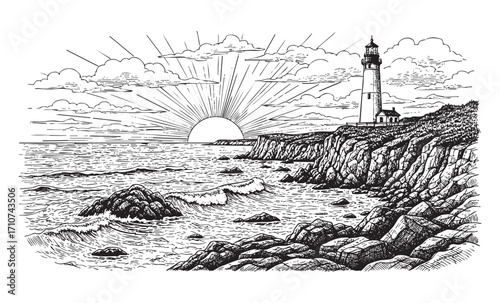 Dramatic Coastal Scene with a Lighthouse on a Rocky Cliff During Sunrise, Hand Drawn Seascape in Engraving Style