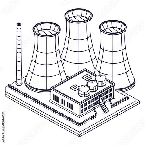 Isometric line art illustration of a modern industrial power plant with cooling towers and a smokestack