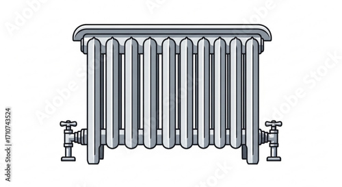 Illustration of a radiator heater for home heating system and plumbing with valves and hot water pipes