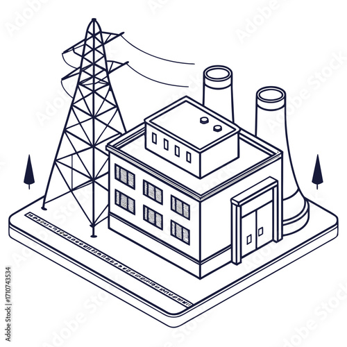 Isometric line art illustration of an industrial power plant with cooling towers and a transmission tower