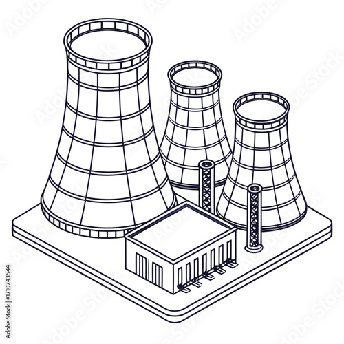 Isometric outline illustration of a nuclear power plant with cooling towers and a central building on a white background