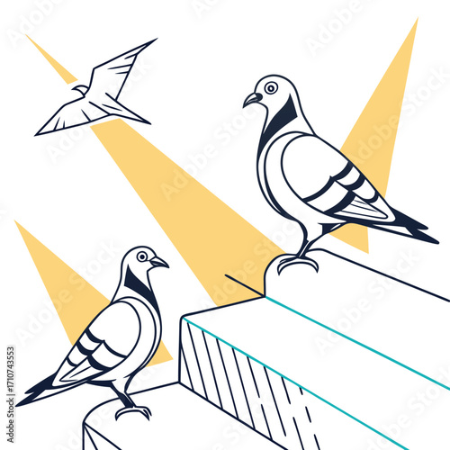 Minimalist line art illustration of two pigeons perched on geometric shapes with a bird flying above