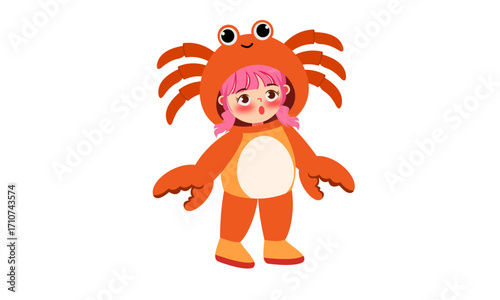 Cute little girl with pink hair wearing a full orange crab costume with big eyes and claws on a white background.