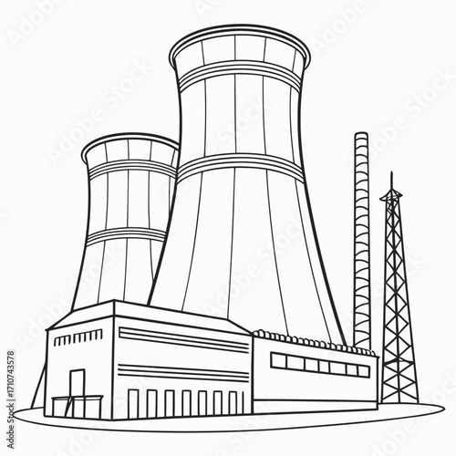 Outline illustration of a power plant with two large cooling towers and a smokestack against a white background