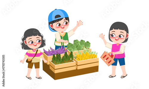 Illustration of three children at a farmer's market, interacting with each other and the produce.