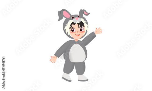 A child dressed in a gray bunny costume waving.