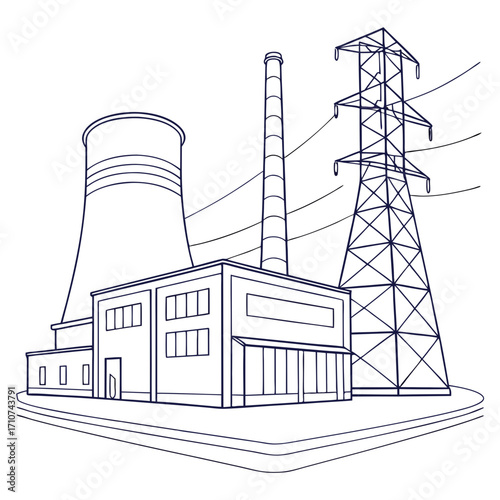 Stylized line art illustration of a power plant with a cooling tower smokestack and transmission tower