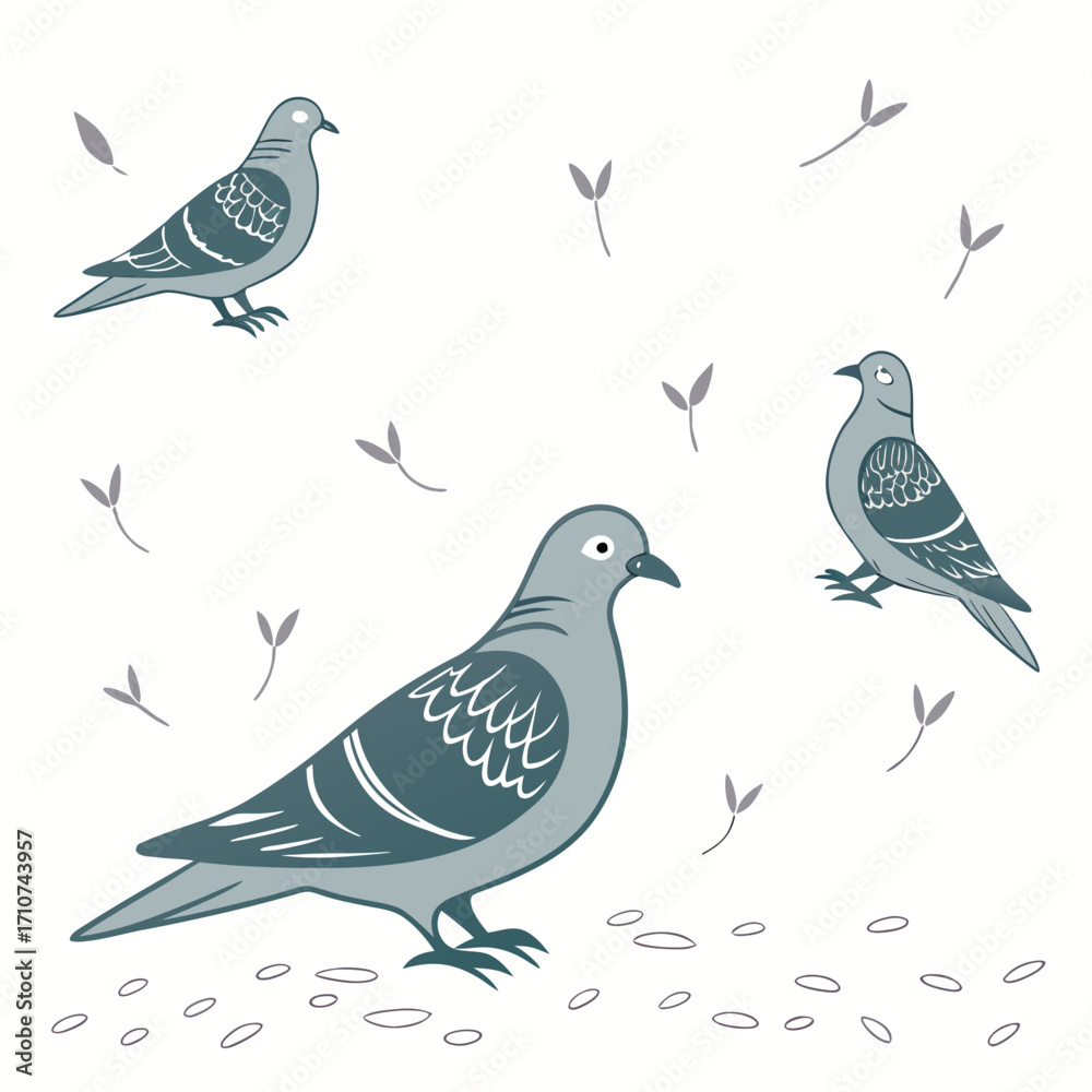 Fototapeta premium Three stylized grey pigeons standing and perched amidst scattered seeds and small leaves on a white background