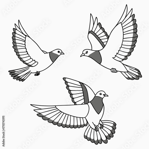 Three stylized doves in flight with wings spread and tails fanned out against a white background