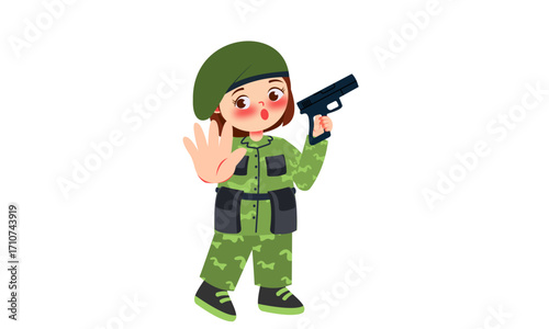 A cartoon girl soldier in camouflage holding a gun and showing a stop hand gesture.