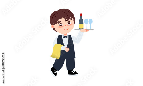 A cartoon illustration of a young boy waiter in uniform holding a tray with a wine bottle and two glasses.