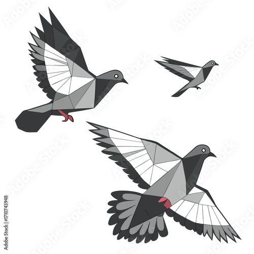 Three stylized geometric pigeons in flight with wings outstretched against a white background