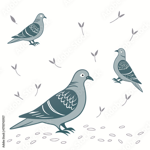 Three stylized grey pigeons standing and perched amidst scattered seeds and small leaves on a white background