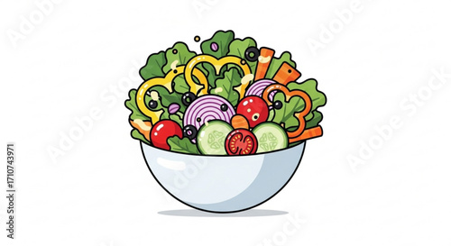 Fresh salad bowl with lettuce tomatoes cucumbers onions peppers and olives for healthy eating and diet plan