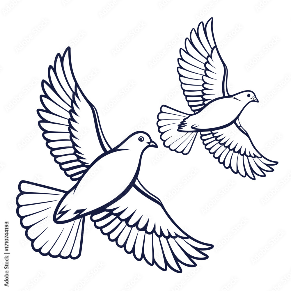 Fototapeta premium Two elegant white doves with spread wings soaring gracefully across a clean white background