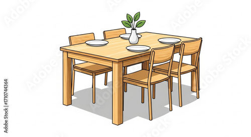 Illustration of wooden dining table set with chairs plates and vase for home decor and furniture design ideas