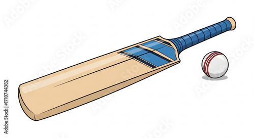 Cricket bat and ball equipment for sports game match with blue grip and white ball for recreation play