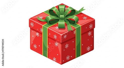 Red christmas present with green ribbon and snowflakes for holiday celebration and gift giving occasion