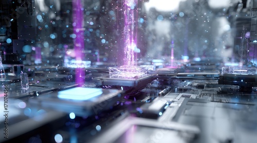 A futuristic, automated assembly line with robotic arms manufacturing glowing processors or microchips in a smart factory. A concept for Industry 4.0, AI, and advanced technology.
