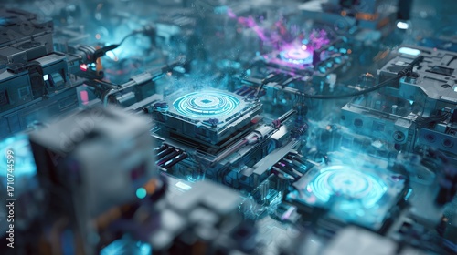 A futuristic, automated assembly line with robotic arms manufacturing glowing processors or microchips in a smart factory. A concept for Industry 4.0, AI, and advanced technology.