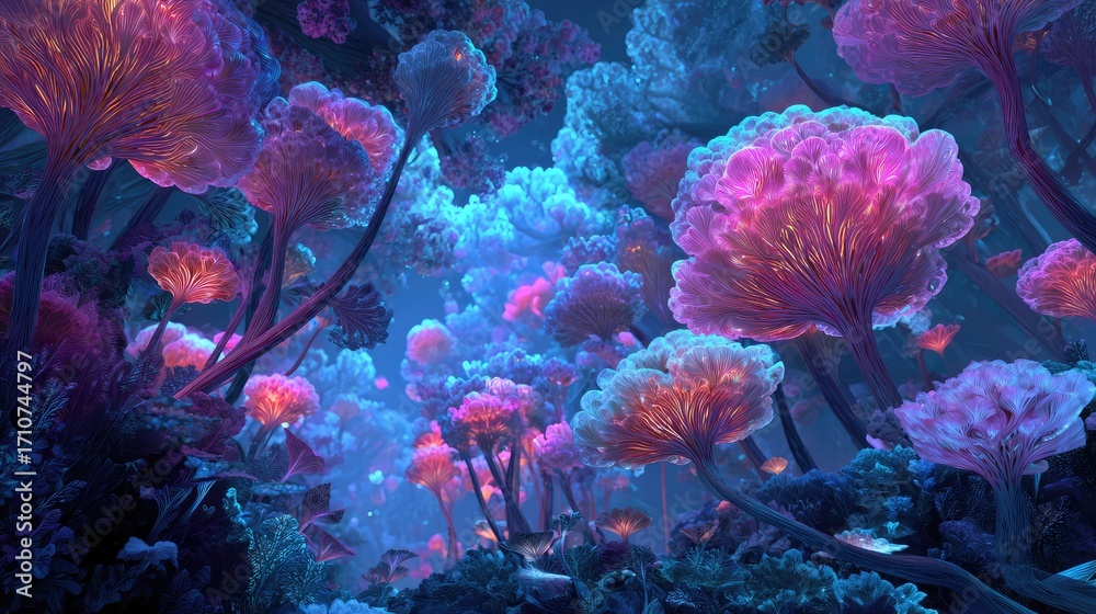 Obraz premium A fantasy landscape of glowing bioluminescent mushrooms in an enchanted forest at night. A whimsical and magical scene with vibrant neon colors, like an alien jungle.