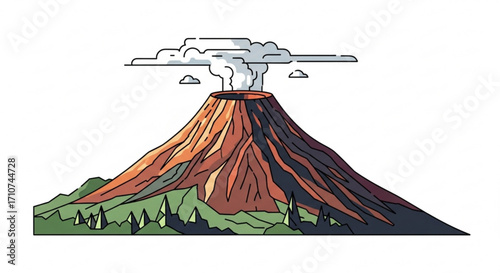 Explore the erupting volcano vector illustration of nature landscape with smoke and mountain range scenery