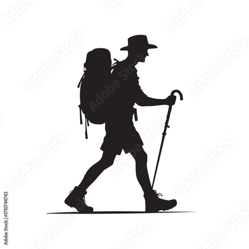 Hiker silhouette with backpack and walking stick