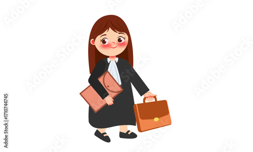 Cartoon illustration of a young female lawyer with briefcase and file.