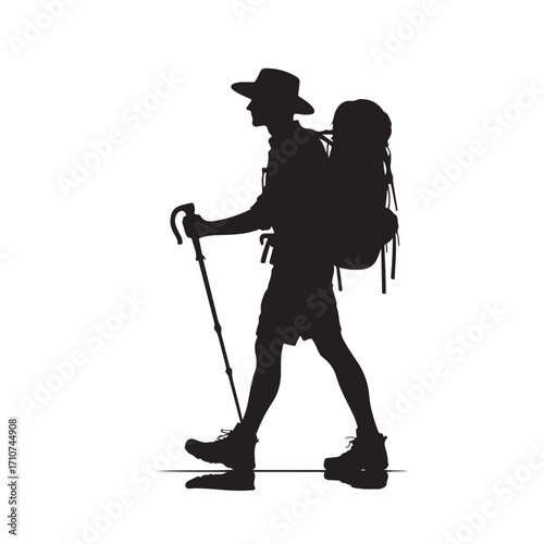 Hiker silhouette with backpack and walking stick