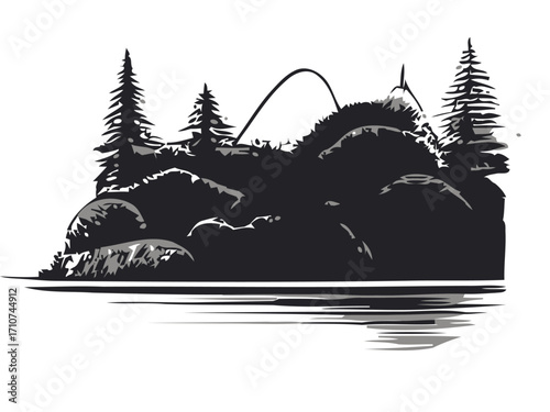 Monochrome illustration of a rocky island with trees and a mountain in the background, reflected in water.