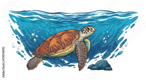 Turtle swimming underwater ocean life illustration sea turtle marine animal wildlife aquatic reptile ocean waves