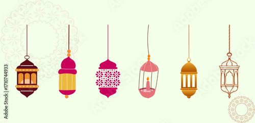 Collection of traditional Islamic decorative lanterns in various designs featuring geometric patterns, ornate shapes, and hanging elements, perfect vector set for Ramadan Kareem, Eid celebrations