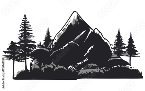 A striking black and white illustration of a majestic mountain peak surrounded by evergreen trees and dense undergrowth, evoking a sense of wilderness and natural beauty.