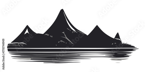 Stylized black and white illustration of mountain peaks reflected in water with a graphic, textured effect.